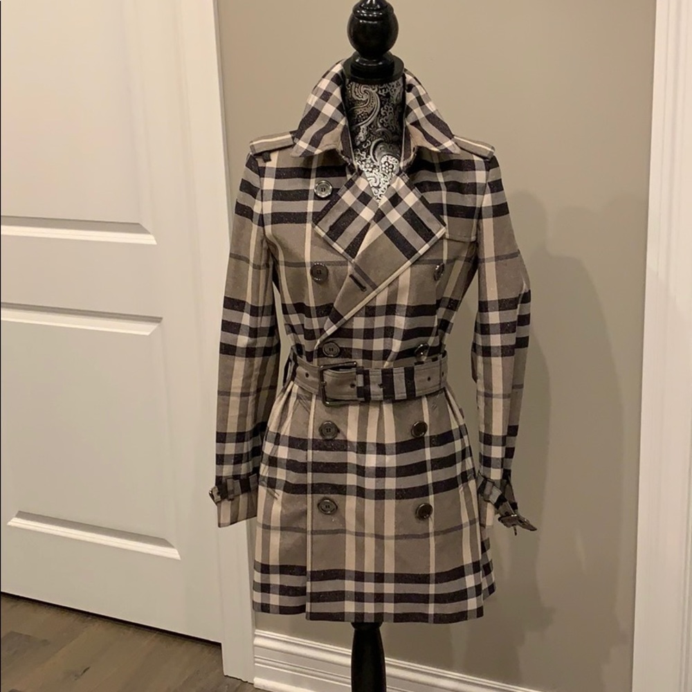 Burberry Tan Black Cream Plaid Double-Breasted Trench